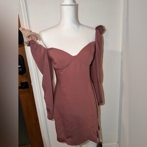 Aritzia Wilfred Long Sleeve Off-Shoulder Dress in Dusty Rose